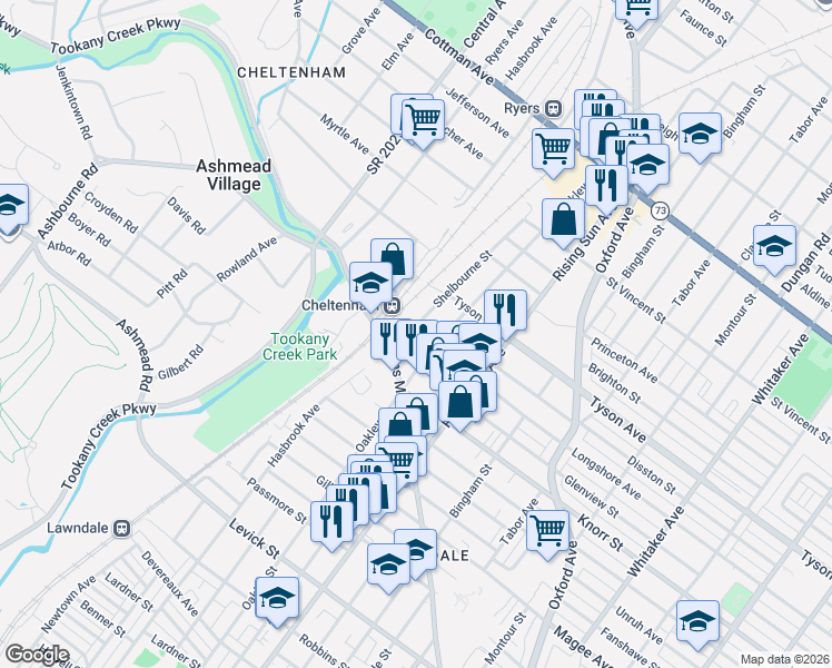 map of restaurants, bars, coffee shops, grocery stores, and more near 6927 Shelbourne Street in Philadelphia