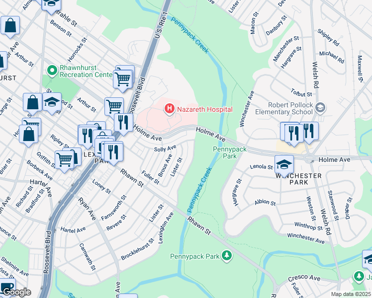 map of restaurants, bars, coffee shops, grocery stores, and more near 8171 Lister Street in Philadelphia