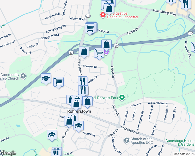 map of restaurants, bars, coffee shops, grocery stores, and more near 2108 Oreville Road in Lancaster