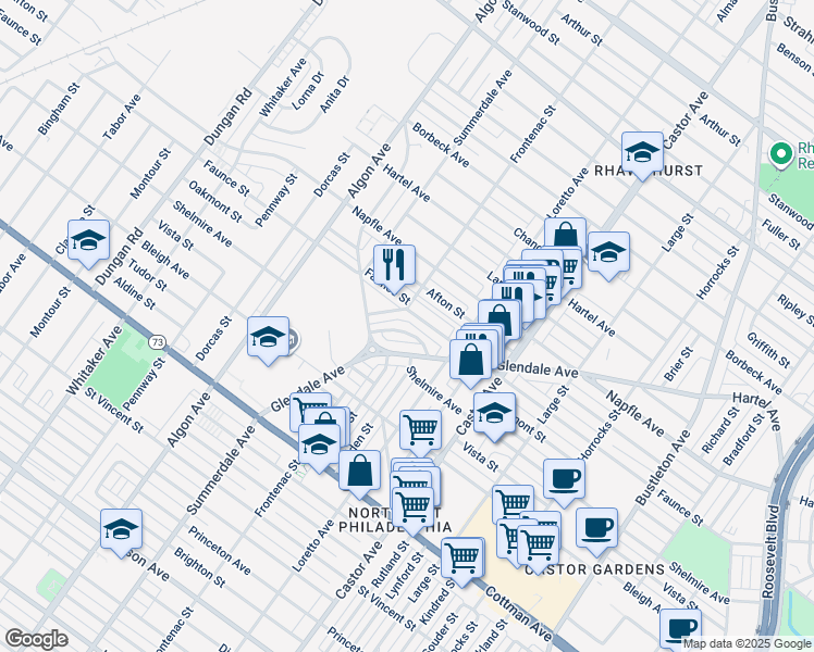 map of restaurants, bars, coffee shops, grocery stores, and more near 1823 Oakmont Street in Philadelphia
