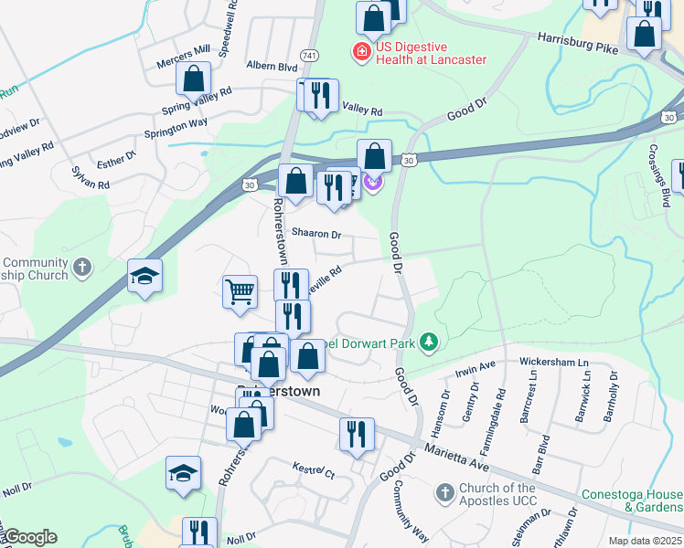 map of restaurants, bars, coffee shops, grocery stores, and more near 2108 Oreville Road in Lancaster