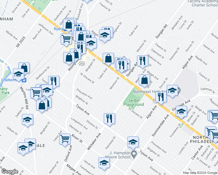 map of restaurants, bars, coffee shops, grocery stores, and more near 7214 Montour Street in Philadelphia