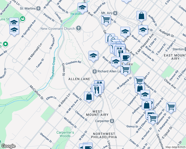 map of restaurants, bars, coffee shops, grocery stores, and more near 7207 Charlton Street in Philadelphia