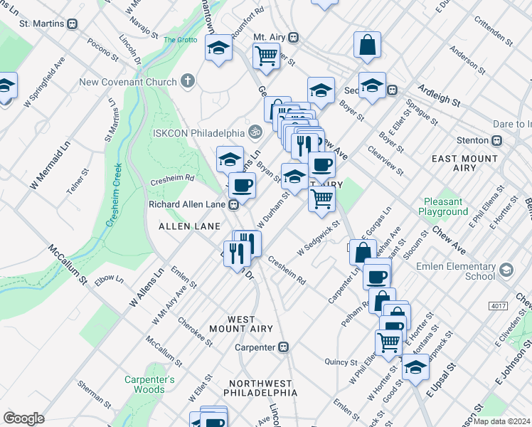 map of restaurants, bars, coffee shops, grocery stores, and more near 159 West Durham Street in Philadelphia