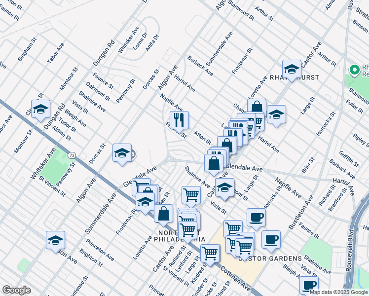 map of restaurants, bars, coffee shops, grocery stores, and more near 1823 Oakmont Street in Philadelphia