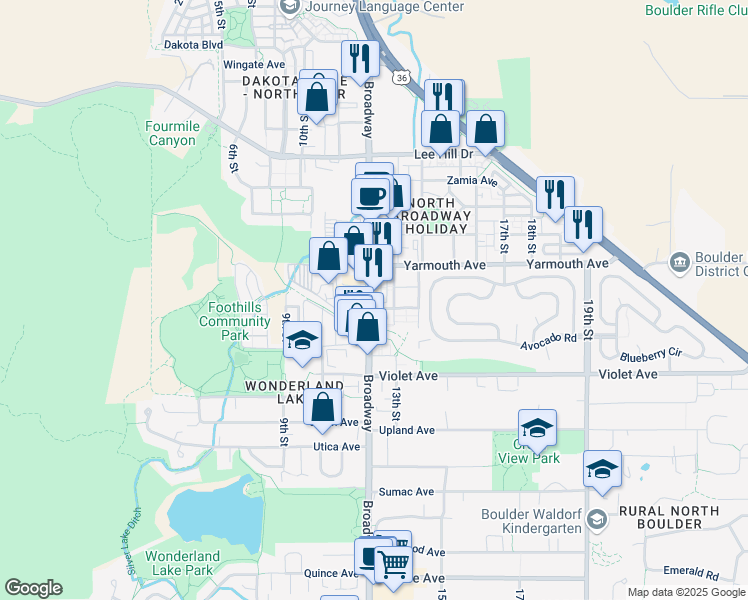 map of restaurants, bars, coffee shops, grocery stores, and more near 4580 Broadway in Boulder
