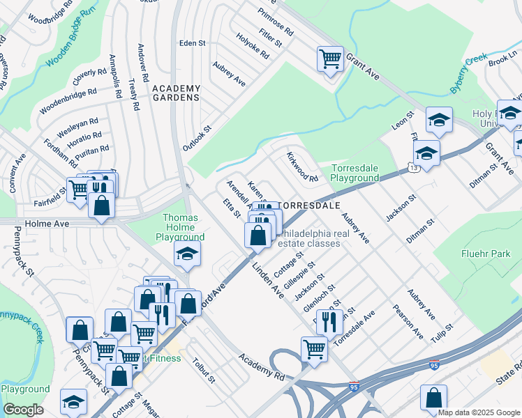 map of restaurants, bars, coffee shops, grocery stores, and more near 3827 Arendell Avenue in Philadelphia