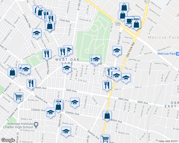 map of restaurants, bars, coffee shops, grocery stores, and more near 1629 68th Avenue in Philadelphia