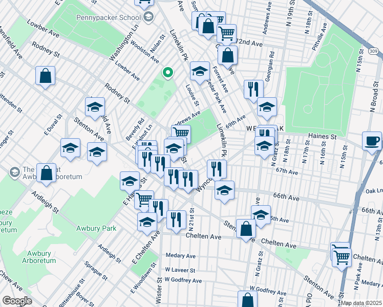 map of restaurants, bars, coffee shops, grocery stores, and more near 6915 Rodney Street in Philadelphia