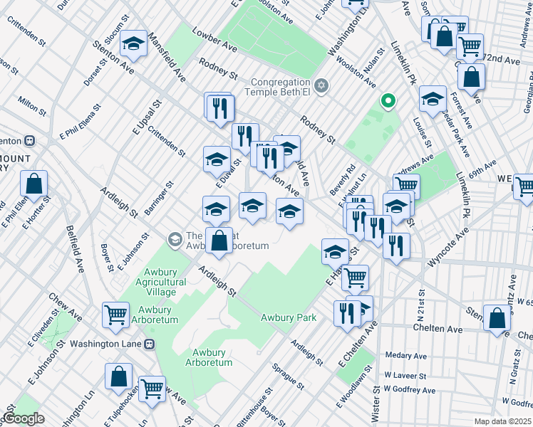 map of restaurants, bars, coffee shops, grocery stores, and more near 1324R Washington Lane in Philadelphia