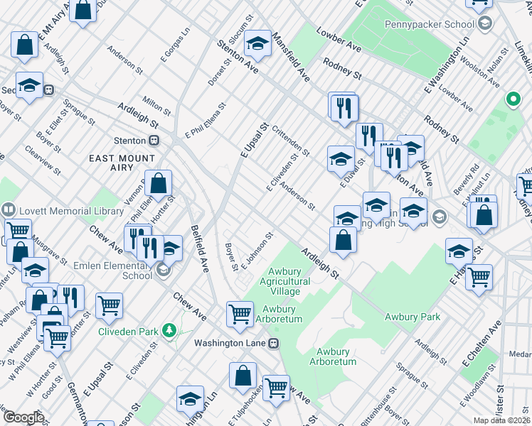map of restaurants, bars, coffee shops, grocery stores, and more near 1106 East Cliveden Street in Philadelphia