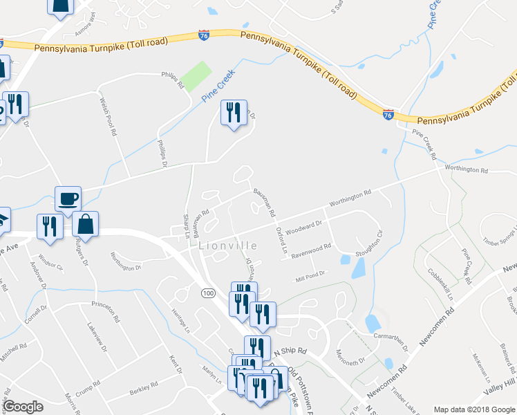 map of restaurants, bars, coffee shops, grocery stores, and more near 126 Pembroke Court in Exton