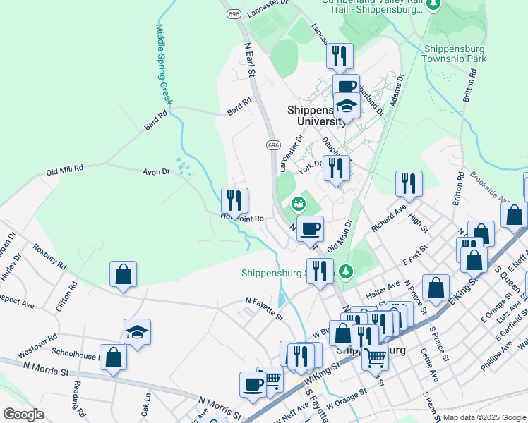 map of restaurants, bars, coffee shops, grocery stores, and more near 906 Bard Drive in Shippensburg