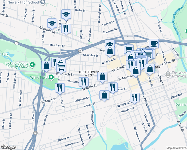 map of restaurants, bars, coffee shops, grocery stores, and more near 205 Mound Street in Newark