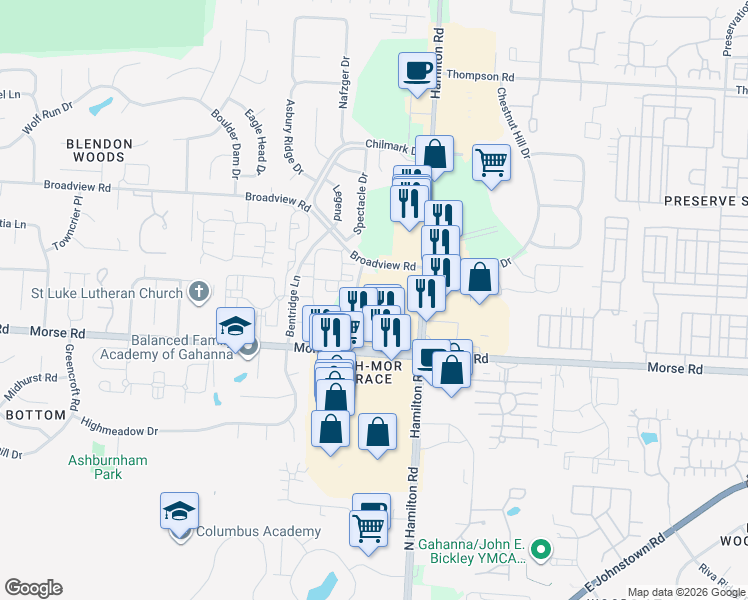 map of restaurants, bars, coffee shops, grocery stores, and more near 5821-5899 Ainsley Ave in Columbus
