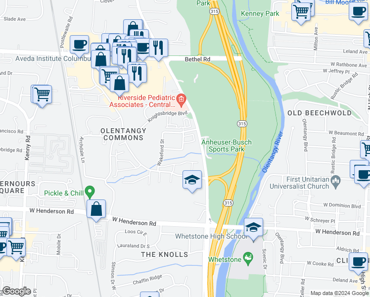 map of restaurants, bars, coffee shops, grocery stores, and more near 5950 Hedgebrooke Avenue in Columbus