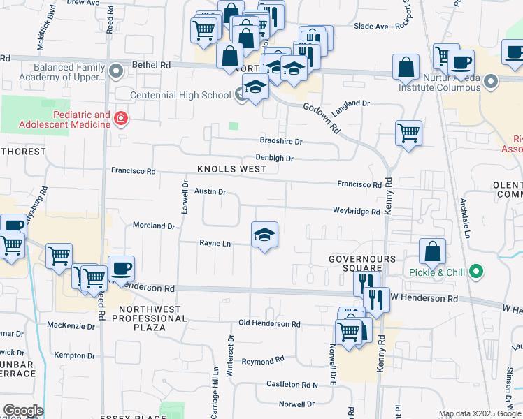 map of restaurants, bars, coffee shops, grocery stores, and more near 1414 Weybridge Road in Columbus