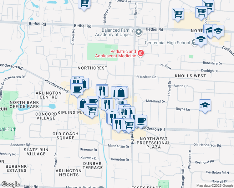 map of restaurants, bars, coffee shops, grocery stores, and more near 1841 Willoway Circle North in Columbus