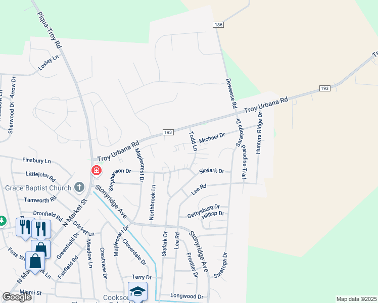 map of restaurants, bars, coffee shops, grocery stores, and more near 1360 Michael Court in Troy
