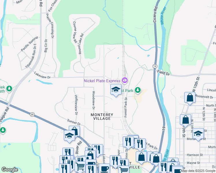 map of restaurants, bars, coffee shops, grocery stores, and more near 591 Holly Court in Noblesville