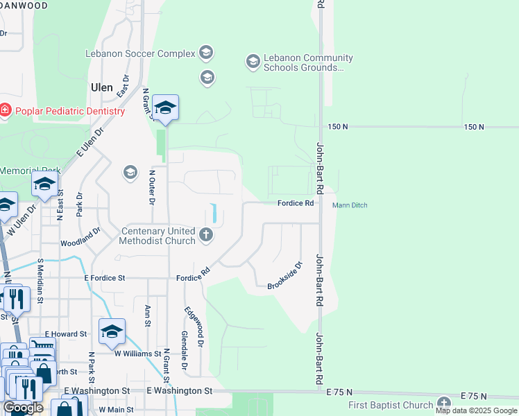 map of restaurants, bars, coffee shops, grocery stores, and more near 1221 Fordice Road in Lebanon