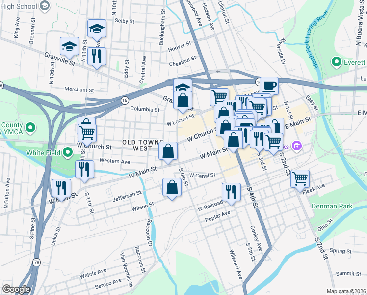 map of restaurants, bars, coffee shops, grocery stores, and more near 137 West Church Street in Newark