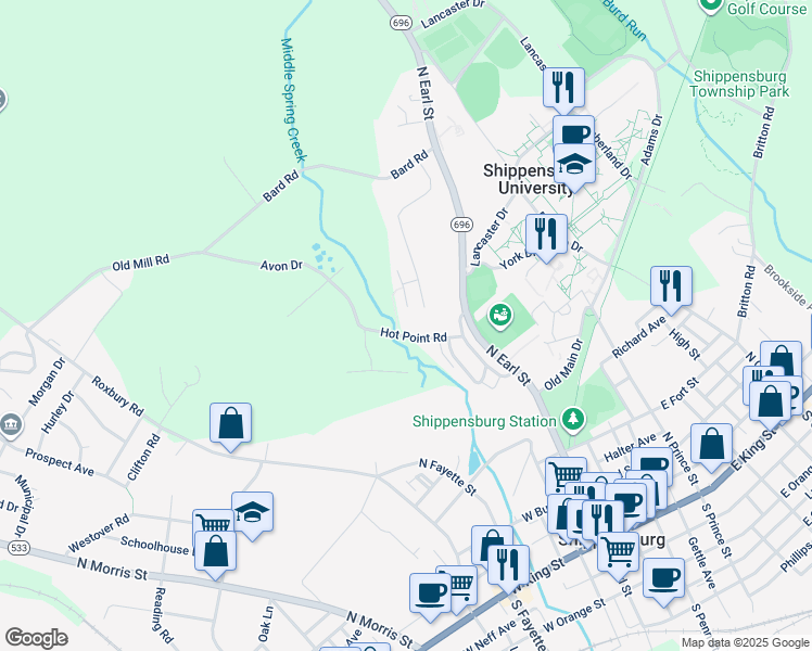 map of restaurants, bars, coffee shops, grocery stores, and more near 99 Hot Point Avenue in Shippensburg
