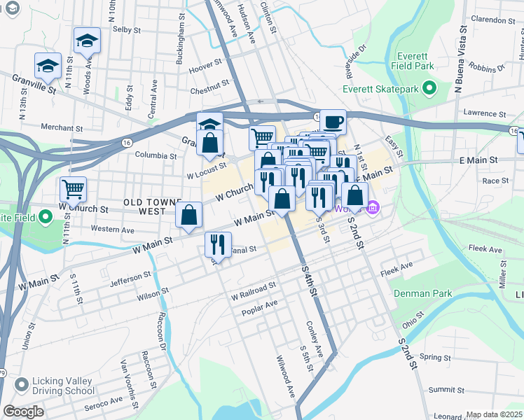map of restaurants, bars, coffee shops, grocery stores, and more near 68 West Main Street in Newark