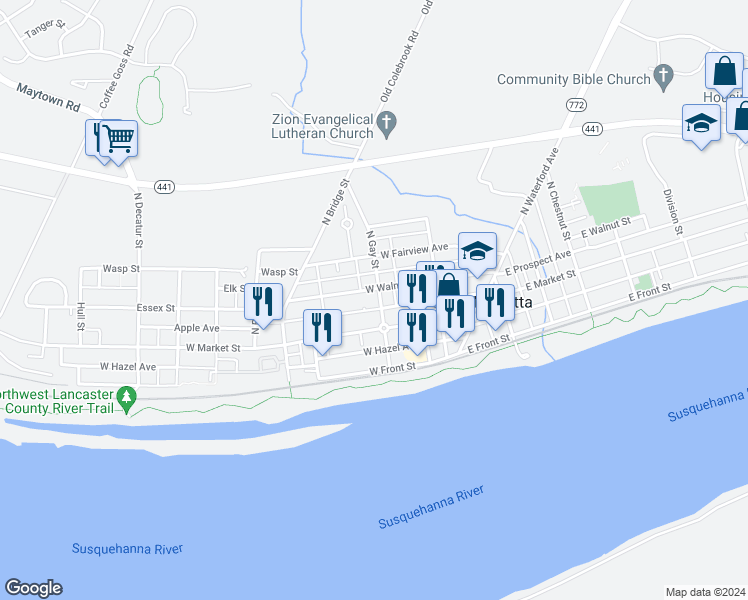 map of restaurants, bars, coffee shops, grocery stores, and more near 29 North Gay Street in Marietta