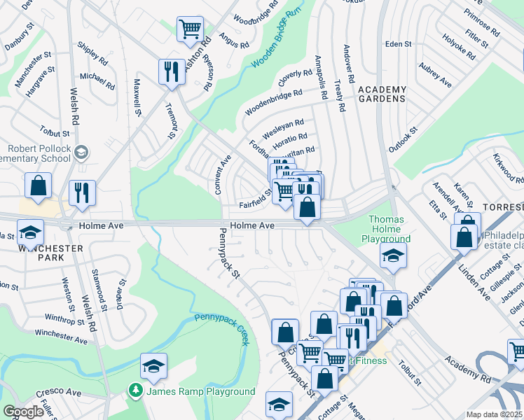 map of restaurants, bars, coffee shops, grocery stores, and more near 3071R Holme Avenue in Philadelphia