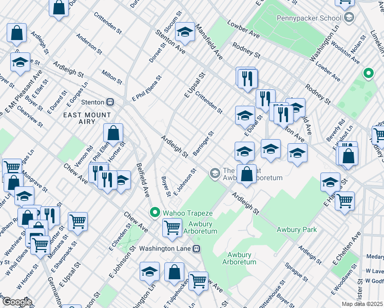 map of restaurants, bars, coffee shops, grocery stores, and more near 1117 Barringer Street in Philadelphia