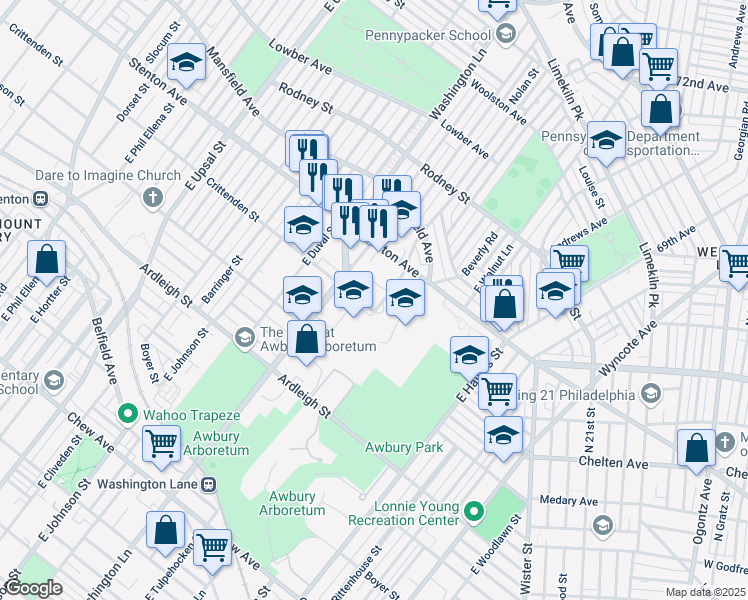 map of restaurants, bars, coffee shops, grocery stores, and more near 6201 Crittenden Street in Philadelphia