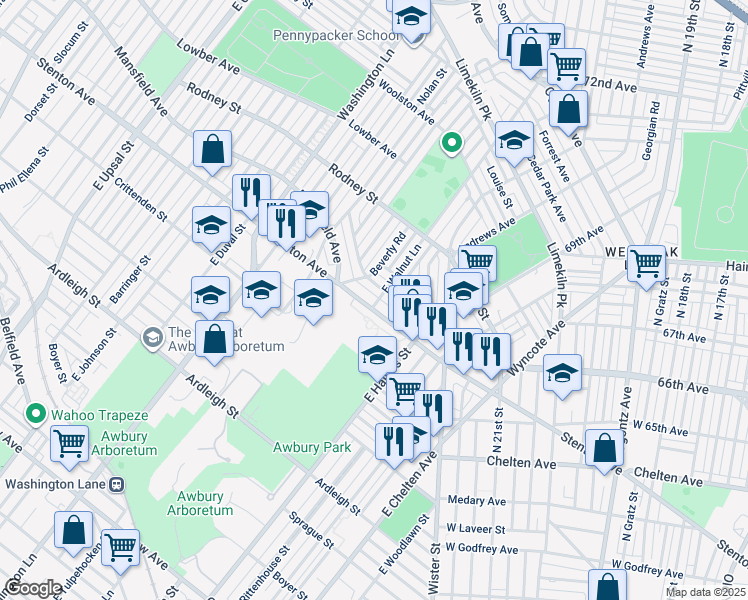 map of restaurants, bars, coffee shops, grocery stores, and more near 7001 Stenton Avenue in Philadelphia