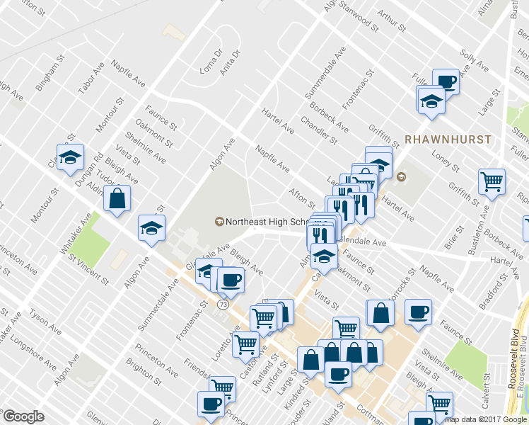 map of restaurants, bars, coffee shops, grocery stores, and more near 1811 Oakmont Street in Philadelphia