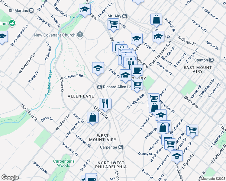 map of restaurants, bars, coffee shops, grocery stores, and more near 159 West Durham Street in Philadelphia