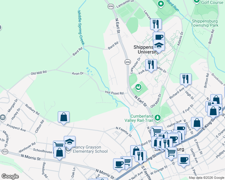 map of restaurants, bars, coffee shops, grocery stores, and more near 99 Hot Point Avenue in Shippensburg