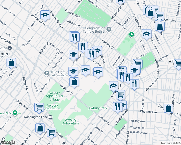 map of restaurants, bars, coffee shops, grocery stores, and more near 1324R Washington Lane in Philadelphia