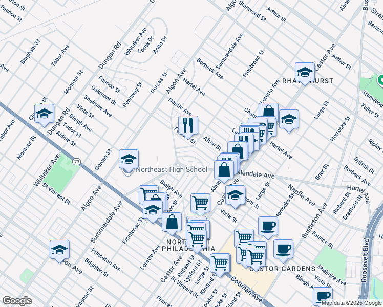 map of restaurants, bars, coffee shops, grocery stores, and more near 1819 Oakmont Street in Philadelphia