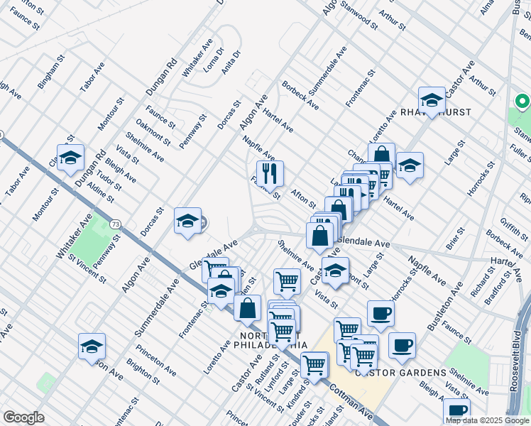 map of restaurants, bars, coffee shops, grocery stores, and more near 1811 Oakmont Street in Philadelphia