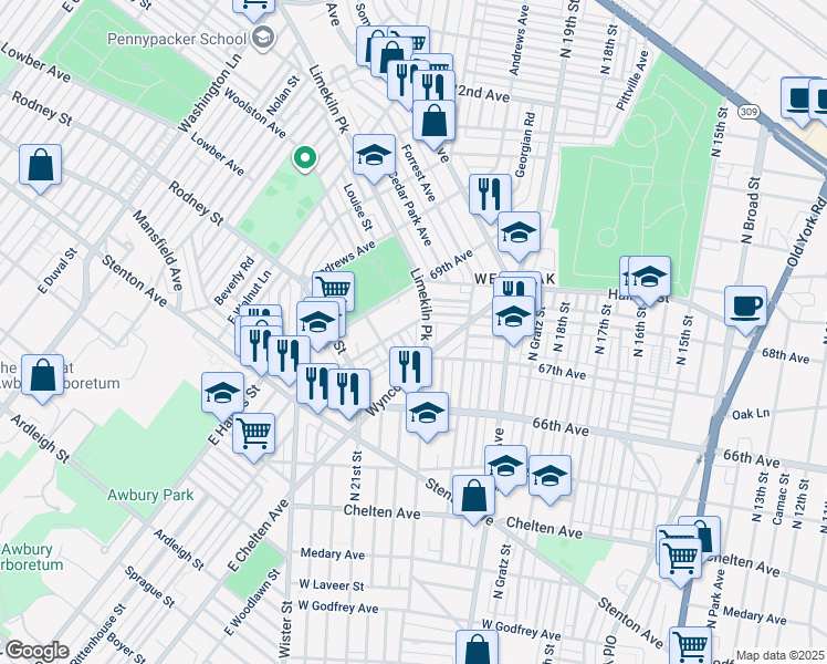 map of restaurants, bars, coffee shops, grocery stores, and more near 2060 Eastburn Avenue in Philadelphia
