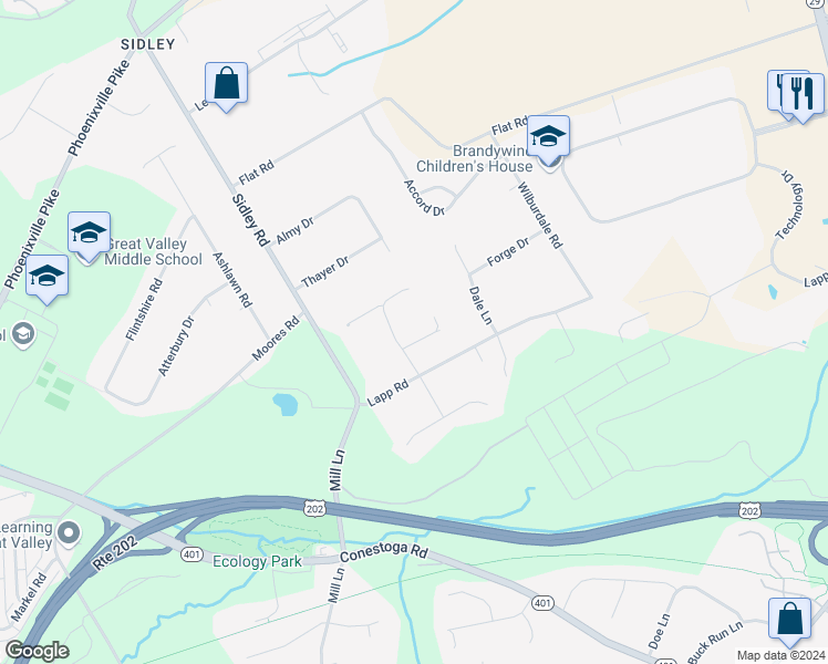 map of restaurants, bars, coffee shops, grocery stores, and more near 3 McCoy Court in Malvern