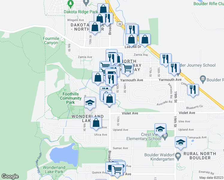 map of restaurants, bars, coffee shops, grocery stores, and more near 4550 Broadway in Boulder