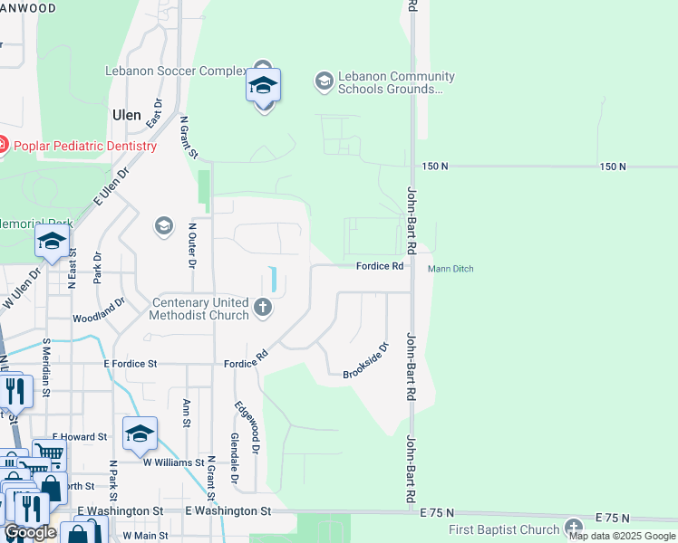 map of restaurants, bars, coffee shops, grocery stores, and more near 1221 Fordice Road in Lebanon