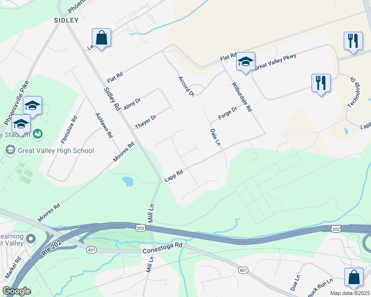 map of restaurants, bars, coffee shops, grocery stores, and more near 3 McCoy Court in Malvern