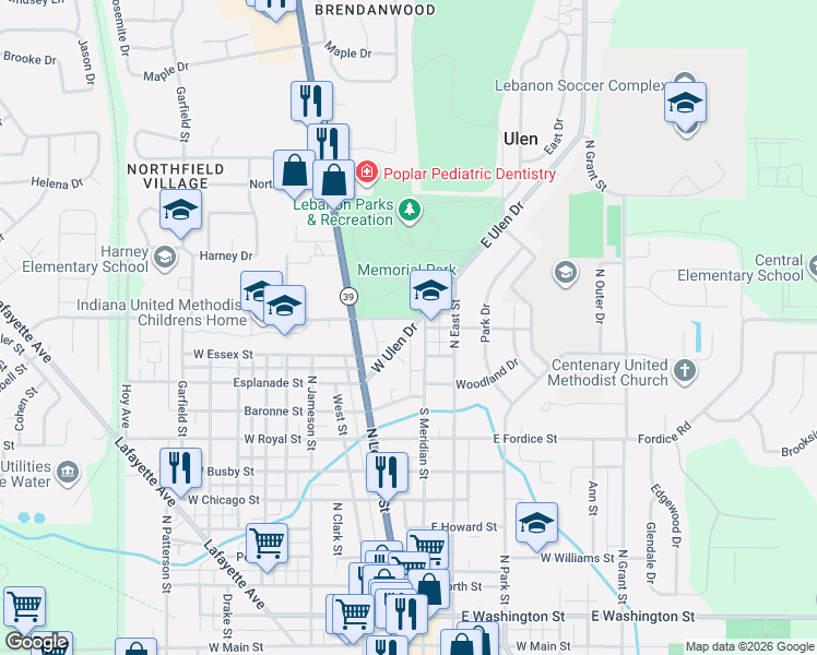 map of restaurants, bars, coffee shops, grocery stores, and more near 187 West Camp Street in Lebanon