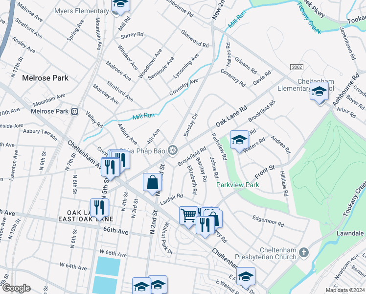 map of restaurants, bars, coffee shops, grocery stores, and more near 7520 Oak Lane Road in Elkins Park