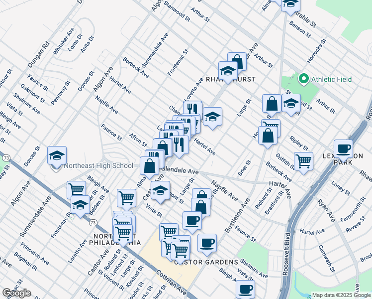 map of restaurants, bars, coffee shops, grocery stores, and more near 7717 Castor Avenue in Philadelphia