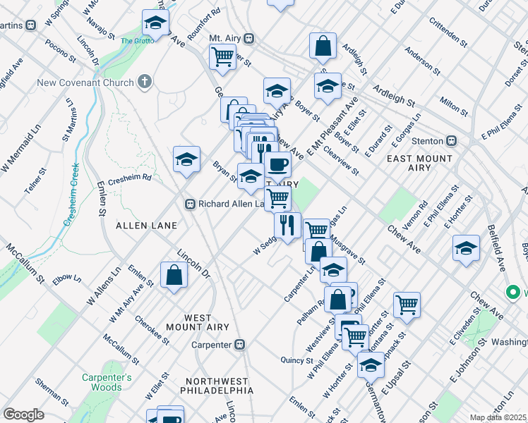 map of restaurants, bars, coffee shops, grocery stores, and more near 108 West Mount Pleasant Avenue in Philadelphia
