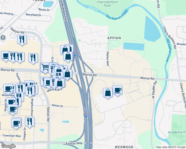 map of restaurants, bars, coffee shops, grocery stores, and more near 4250 Morse Road in Columbus