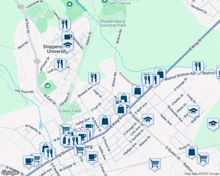 map of restaurants, bars, coffee shops, grocery stores, and more near 201 North Queen Street in Shippensburg